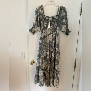 Baltic Born Gray and Green Smocked Sundress with Puff Sleeves